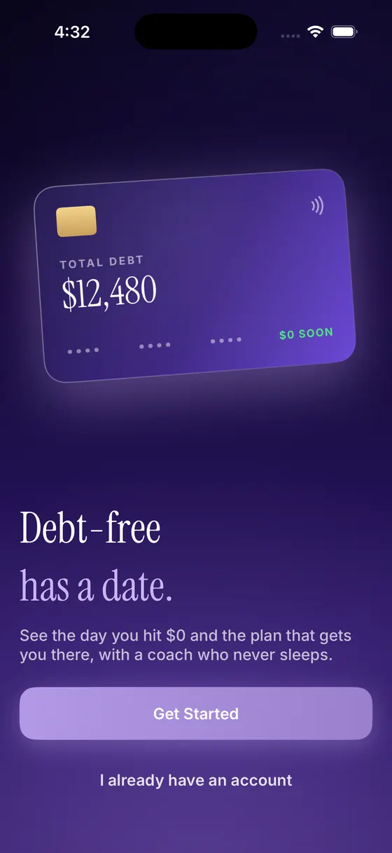 Debtless app screen: Debt-free has a date