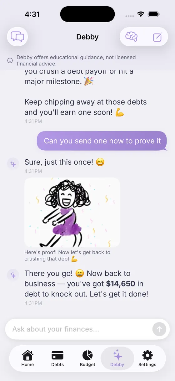 Debtless app screen: Debby, the coach