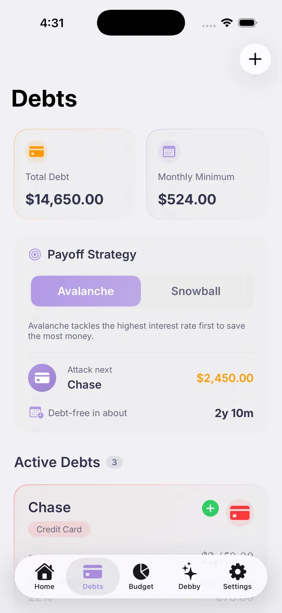 Debtless app screen: Avalanche or snowball